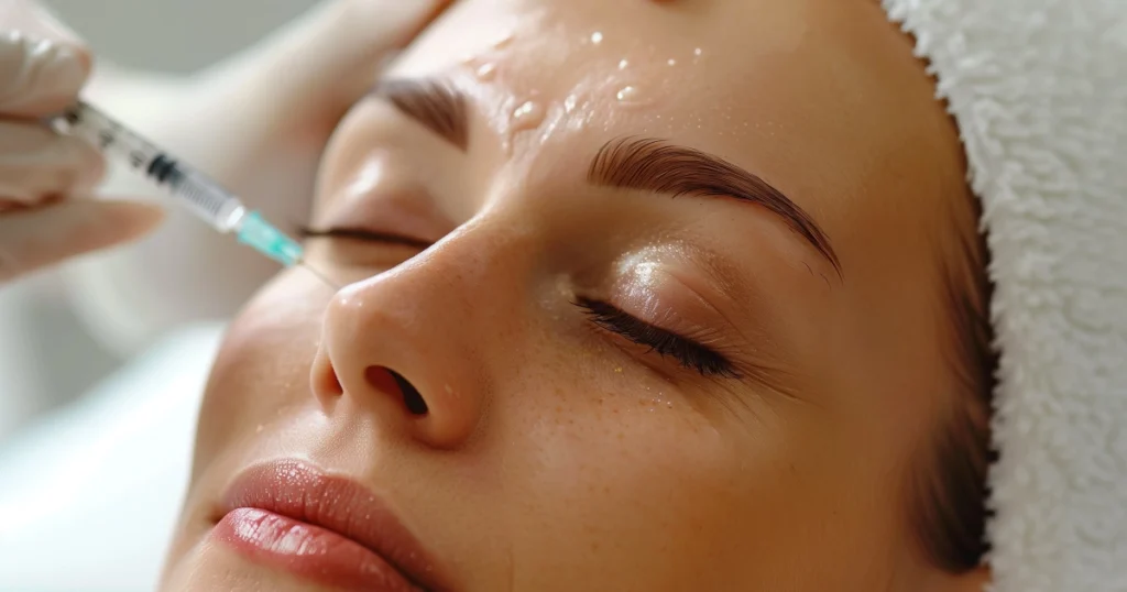Woman getting a PRF Under Eye Treatment near temple in Hershey, PA under soft lighting.