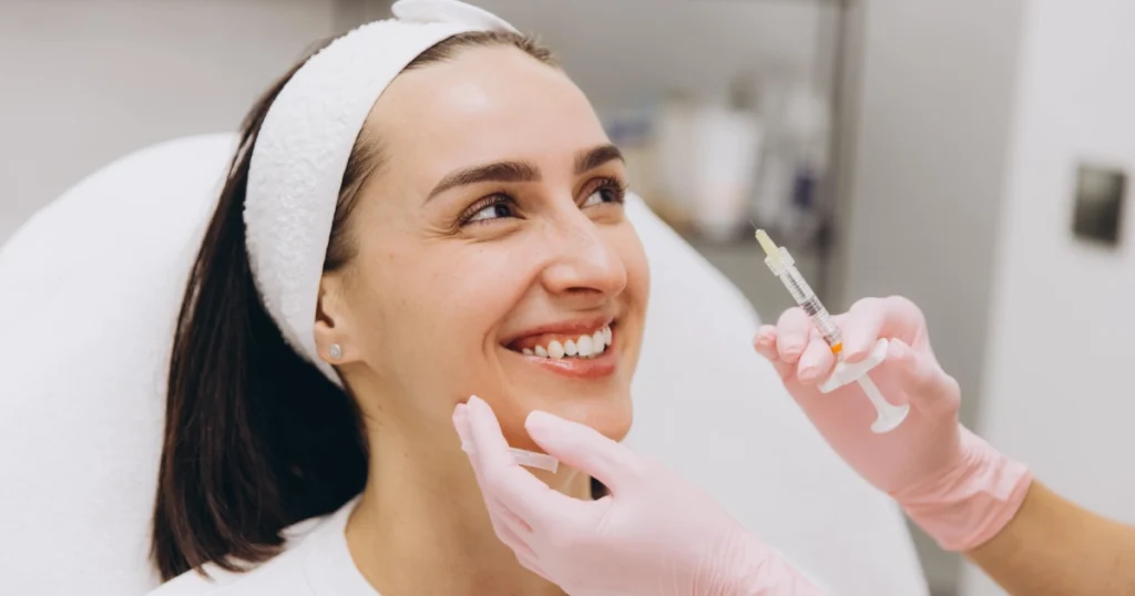 Smiling young woman getting a facial injection for Botox vs Dysport in Hershey, PA from a professional in pink gloves, wearing a white headband and shirt.