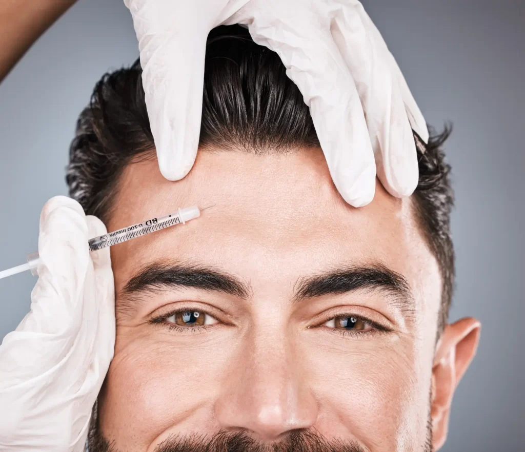 Man receiving forehead injection treatment from clinician wearing gloves